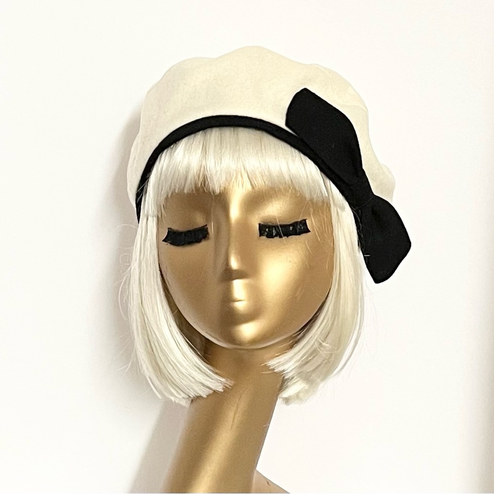 White & Black Beret Hat Bow